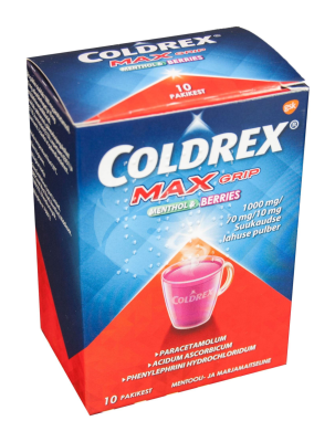 COLDREX MAXGRIP MENTHOL & BERRIES SUUKAUDNE LAHUSE PULBER KOTIKESES 1000MG+10MG+70MG N10
