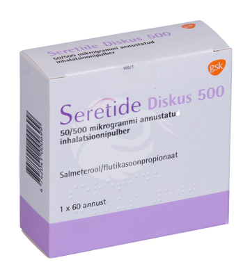 SERETIDE DISKUS 500 ANNUSTATUD INHALATSIOONIPULBER PULBER 50MCG+500MCG 1ANNUST 60ANNUST N1